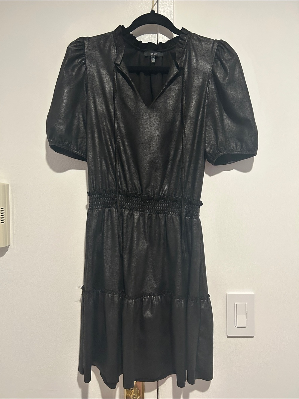 Drew Black Faux Leather Puff-Sleeve Tiered Dress